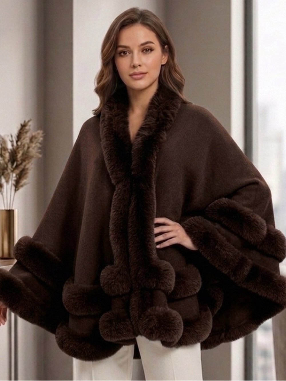 Women's Brown Faux Fur Trim Cape Coat